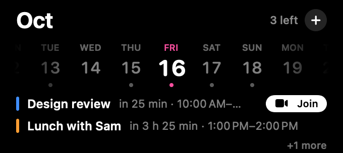 The Calendar: Friday the 16th, a design review in 25 minutes with a Join button, and lunch at 1