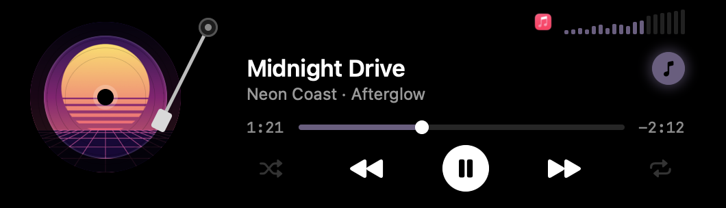 Now Playing: Midnight Drive by Neon Coast spinning as a record, with a playback line and controls