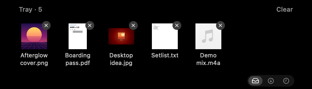 The Tray: five files kept for later, with buttons for Downloads and Recent